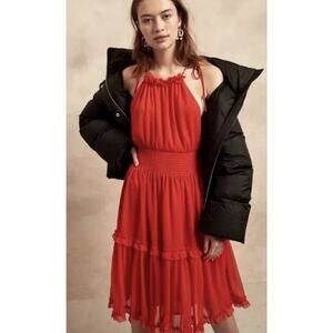 BANANA REPUBLIC SHOULDER TIES RUFFLED MINI PARTY HOLIDAY DRESS SIZE LARGE RED